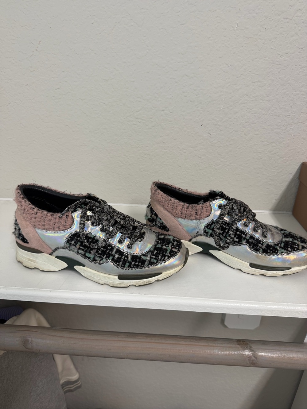 CHANEL Iridescent Tweed Accent Sneakers in Pink and Black